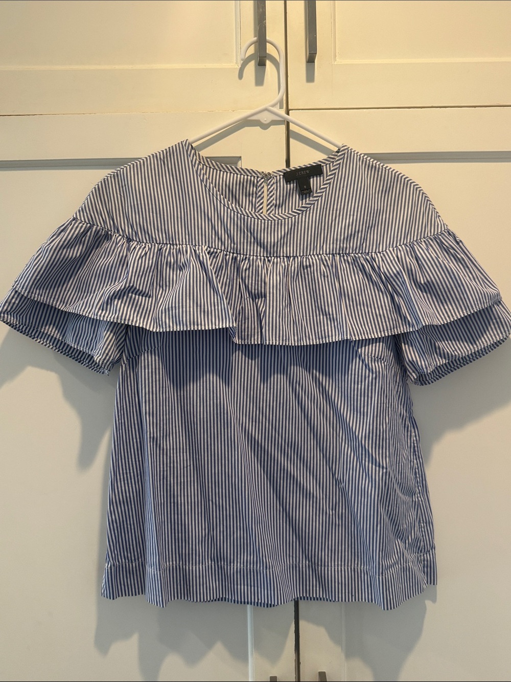 J. Crew Blue and White Striped Ruffle-Yoke Top